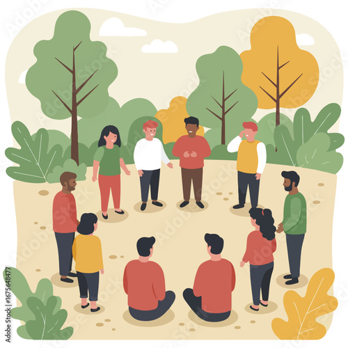 Group therapy session focused on climate psychology Diverse people sitting in a circle discussing environmental issues in a park setting