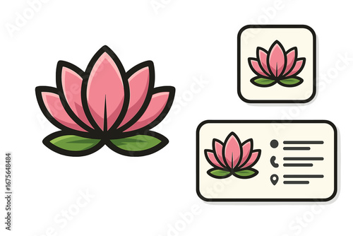 Lotus flower logo and branding identity kit. Vector set includes elegant business card design and mobile app icon. Concept for spa, wellness, yoga, or beauty business.