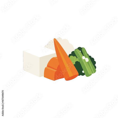 A stylized illustration depicts a cube of tofu alongside sliced carrots and pieces of broccoli and other green vegetables.