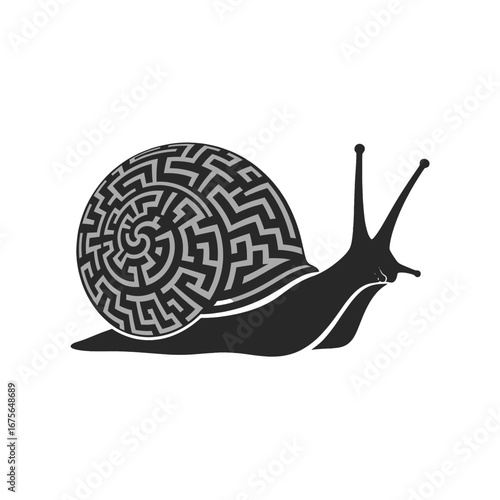 A stylized snail with a complex maze pattern on its shell, highlighted against a stark black background.