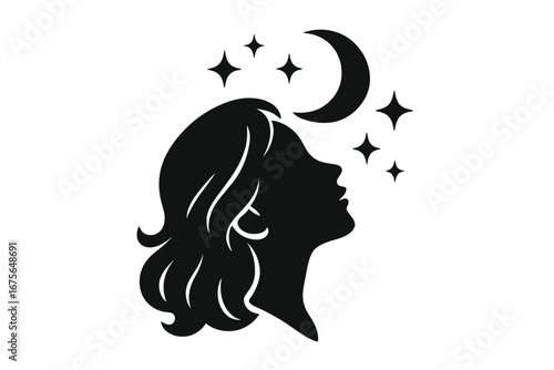 Woman silhouette logo with moon and stars. Celestial, magical, dream concept. Female head profile for beauty, cosmetics, spa, astrology, esoteric, spiritual wellness brand.