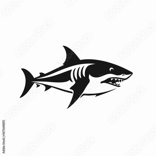 Menacing shark swims powerfully in monochrome illustration with a striking silhouette.