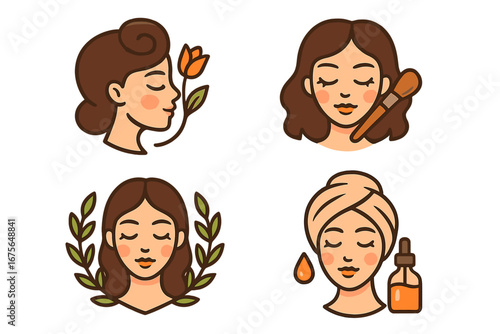 Woman beauty and skincare icon set. Face with flower, makeup brush, cosmetic serum oil, and laurel. Vector logo concept for spa, natural products, and self-care routine.