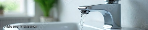 Close-up of a modern chrome bathroom faucet with sleek, minimalist design, water gently flowing  Perfect for home improvement, interior design, and plumbing websites ,  bathroom decor,  minimalist