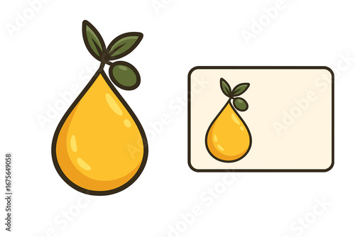 Olive oil drop with branch vector logo icon. Natural organic food concept for branding identity. Cartoon illustration of golden liquid for cooking or beauty product label design set.