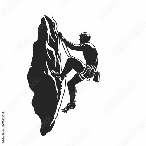 Rock climber conquering mountain, determination against white background silhouette