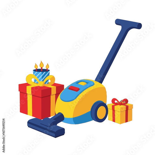Colorful illustration of a vacuum cleaner alongside birthday gifts, evoking a festive and practical theme.