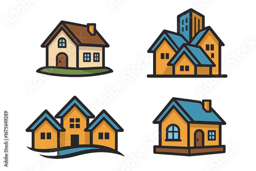 Real estate logo icon set. Vector collection of home and property symbols. Modern cartoon house and building illustrations for business branding. Town, city, and community concepts.