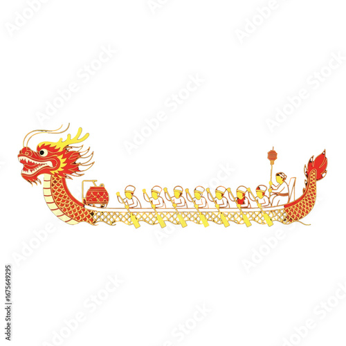A stylized illustration of a dragon boat with rowers, featuring vibrant red and gold colors against a black background.