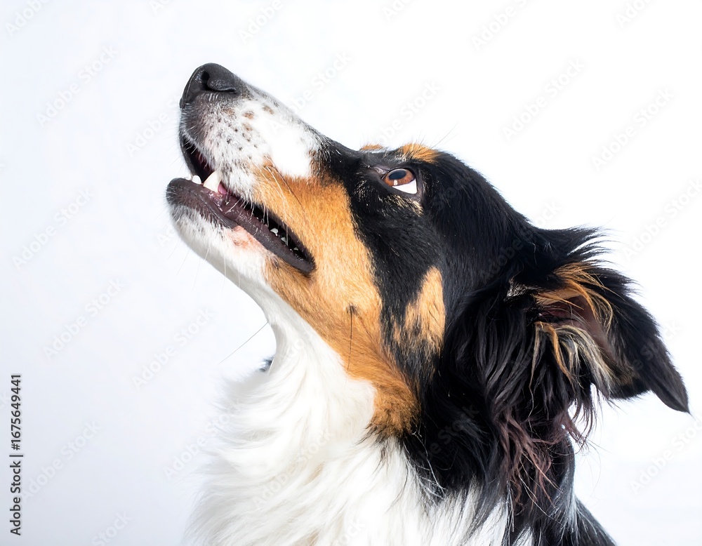 Fototapeta premium A lively dog caught mid-bark or howl, looking upwards with its mouth open in a white studio setting, full of energy and expression