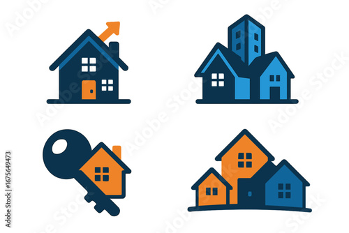Real estate logo icon set for agent, agency, broker. House graphic collection with city building, key, community, growth arrow. Vector for property investment, mortgage, home buying.