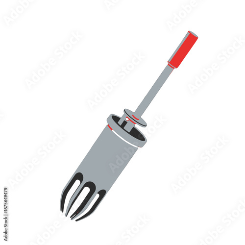 A stylized illustration of a gardening tool, highlighted by its gray and red colors, set against a black background.