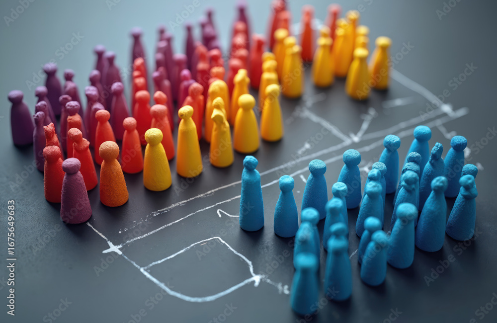 Fototapeta premium Arrangement of pawn figures in different colors represents societal division. Colors like purple, red, yellow, blue show income distribution, demographics, social stratification. Data visualization