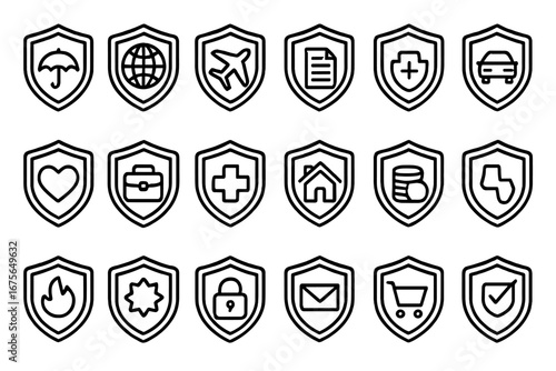 Insurance and protection outline icon set. Vector symbols in shields for safety and security. Line icons for health, travel, car, home, life, business, and finance concepts. Editable stroke.