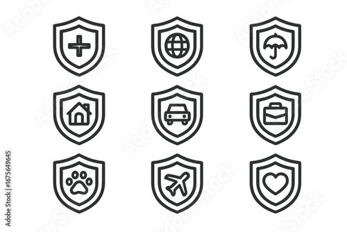 Insurance and protection outline icon set. Shield symbols for health, life, car, home, travel, business, and pet insurance. Vector line icons with editable stroke.