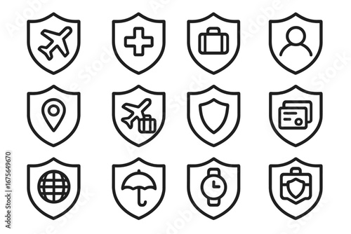 Travel insurance outline icon set. Vector collection of line symbols for protection and security. Concepts include flight, health, luggage, medical and worldwide coverage.