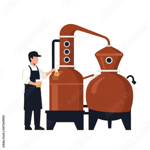 A worker meticulously monitors the distillation process, carefully handling a vessel near copper-toned stills.