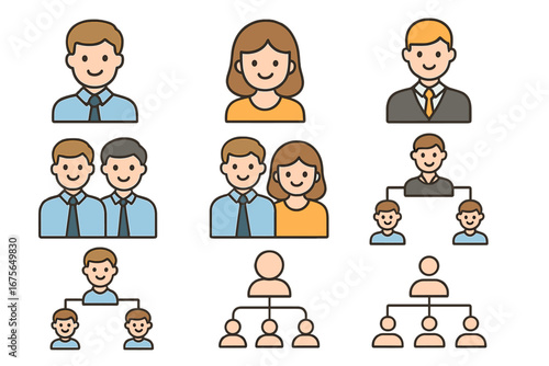 People icon set for business and family concepts. Vector avatars of man, woman, gay and straight couples. Includes organizational chart, hierarchy, and genealogy tree symbols.