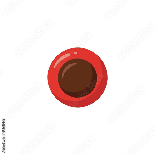 A simple, round, red candy with a dark chocolate center is displayed against a black background.