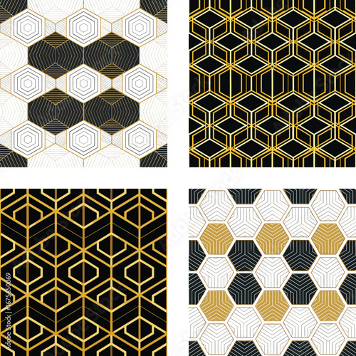 Four Patterns of Geometric Designs Hexagons, Cubes and Art Deco Motifs in Black, Gold and White