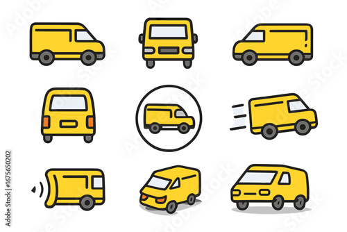 Yellow van icon set for delivery and transport services. Commercial vehicle pictogram collection. Cargo logistics, fast shipping, moving symbols for web, apps, graphic design.