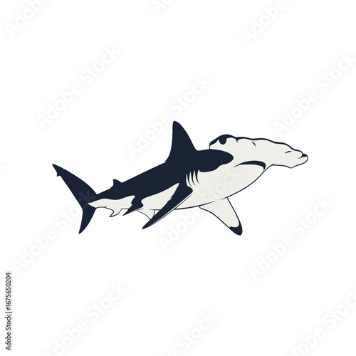 A stylized illustration of a hammerhead shark, outlined in bold dark hues against a stark black backdrop.