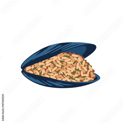A vibrant illustration of a mussel shell filled with a flavorful dish of rice.
