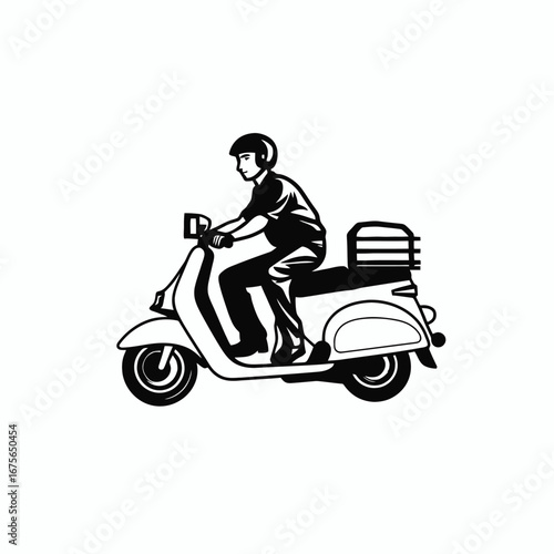 Modern scooter transportation with rider in detailed black vector silhouette