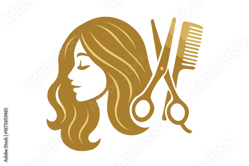 Beauty salon logo vector with woman's face and hairdresser tools. Golden silhouette of female with long hair, scissors and comb. Hair styling, haircut, hair care concept icon.