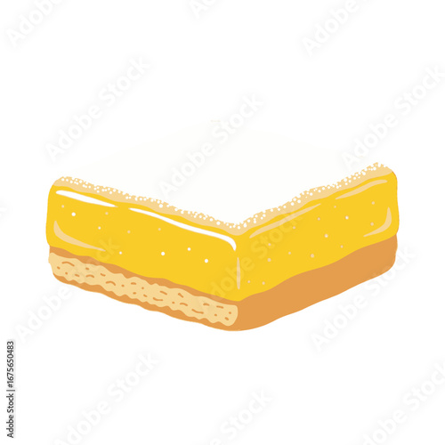 A delectable square lemon dessert bar, topped with a sweet powdered sugar glaze, is highlighted in bright yellow and white colors.