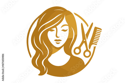 Hair salon logo design with beautiful woman silhouette. Golden vector icon for beauty studio or hairdresser. Concept for hairstyling, haircut and cosmetology with scissors and comb.