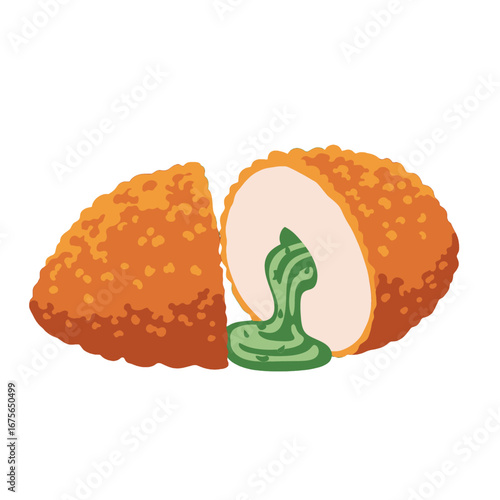 A vibrant illustration showcases a sliced cutlet, highlighting the contrasting textures and colors of the crispy exterior and the creamy interior, drizzled with a green sauce.