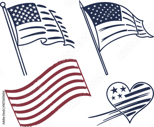 Collection of american flags and patriotic heart symbols for your designs vector