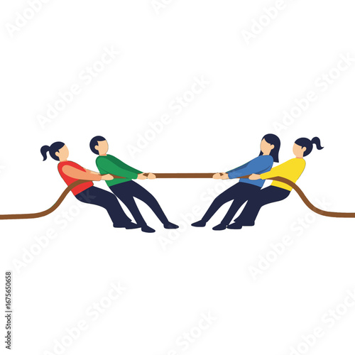 Two teams of people are engaged in a tug-of-war competition, demonstrating a spirited contest of strength and teamwork.