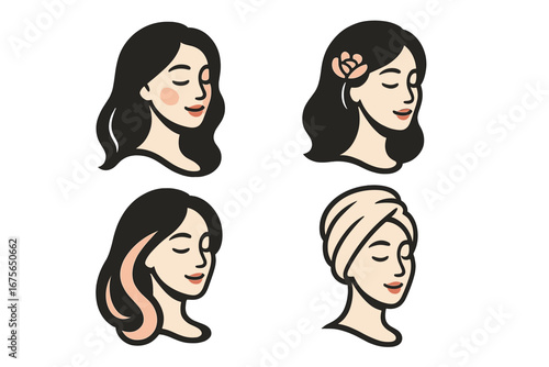 Woman face logo set for beauty salon, spa, skincare. Vector illustration of a female head with a flower, hair highlight, towel. Wellness, cosmetics, haircare concept.