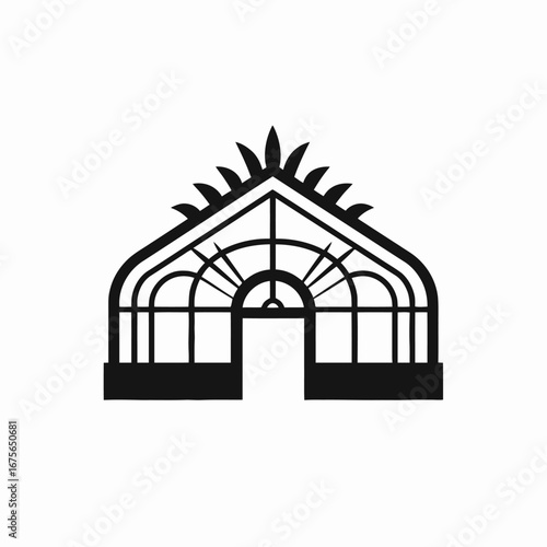 Architectural greenhouse with plant finials above the roofline in simple silhouette