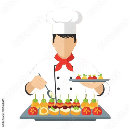 A chef in a professional uniform prepares colorful appetizers on a tray, showcasing culinary artistry and vibrant food presentation.