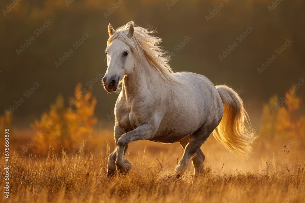 Obraz premium White horse gallops gracefully through a golden field at sunset in a peaceful rural landscape