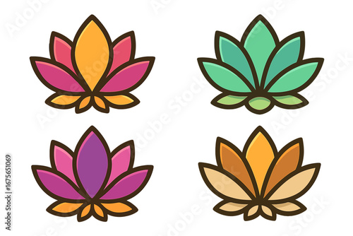 Set of colorful lotus flower logo icons for yoga, spa, and wellness. Abstract floral vector design elements. Symbol of beauty, harmony, and meditation. Isolated on white.