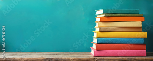 Stack of colorful books on rustic wooden table against vibrant teal wall. Collection includes textbooks, literature, children books, suggesting themes of education, learning, reading. Perfect for