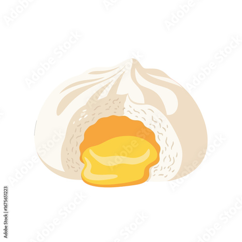 A delicious illustration of a bao filled with a golden, runny egg yolk.