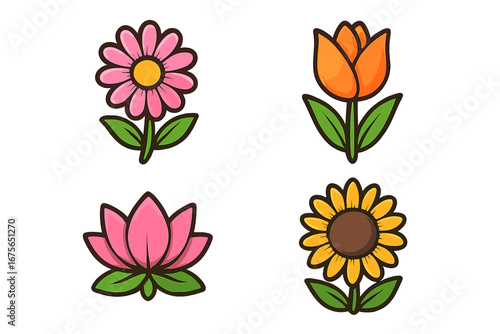 Set of four cute cartoon flower icons. Vector illustration collection includes daisy, tulip, lotus, and sunflower. Isolated floral elements for spring or summer nature design.