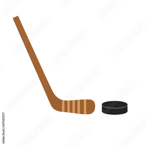 A simple, stylized hockey stick and puck are depicted against a plain black backdrop.