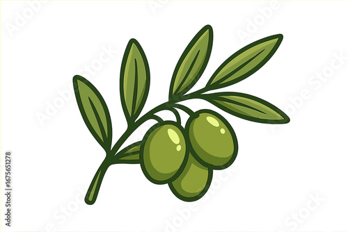 Olive branch with green olives vector illustration. Cartoon style icon for healthy food, organic products, and Mediterranean cuisine. Natural plant symbol for peace or logo design.