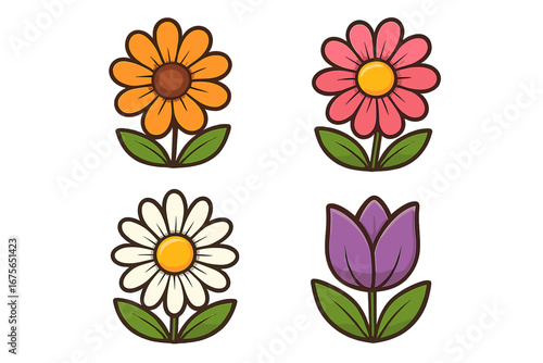 Set of cute cartoon flowers vector icons. Flat style floral illustration collection. Spring summer nature graphic elements. Daisy, sunflower, tulip, camomile plant symbols.