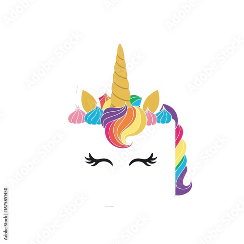 A cheerful, colorful unicorn cake design with rainbow frosting and a golden horn, perfect for a celebration.