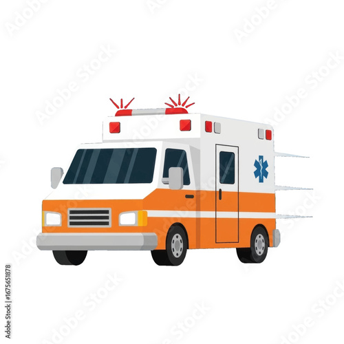 A vibrant orange and white ambulance, swiftly moving against a stark black backdrop, is displayed in a simple, flat design.