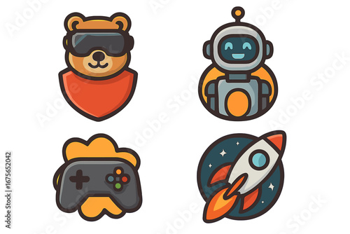 Set of gaming and technology logo icons. Vector cartoon mascots including a bear with VR glasses, a cute robot, a gamepad controller, and a space rocket for an esports team.