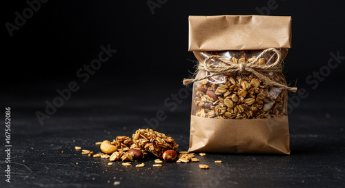 Homemade granola with mixed nuts and oats in a rustic paper bag package on a dark background. Healthy breakfast food concept