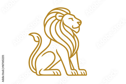 Elegant golden lion logo design. Minimalist line art symbol of a sitting lion. Concept for royalty, strength, power, luxury brand. Noble king animal vector emblem for business.